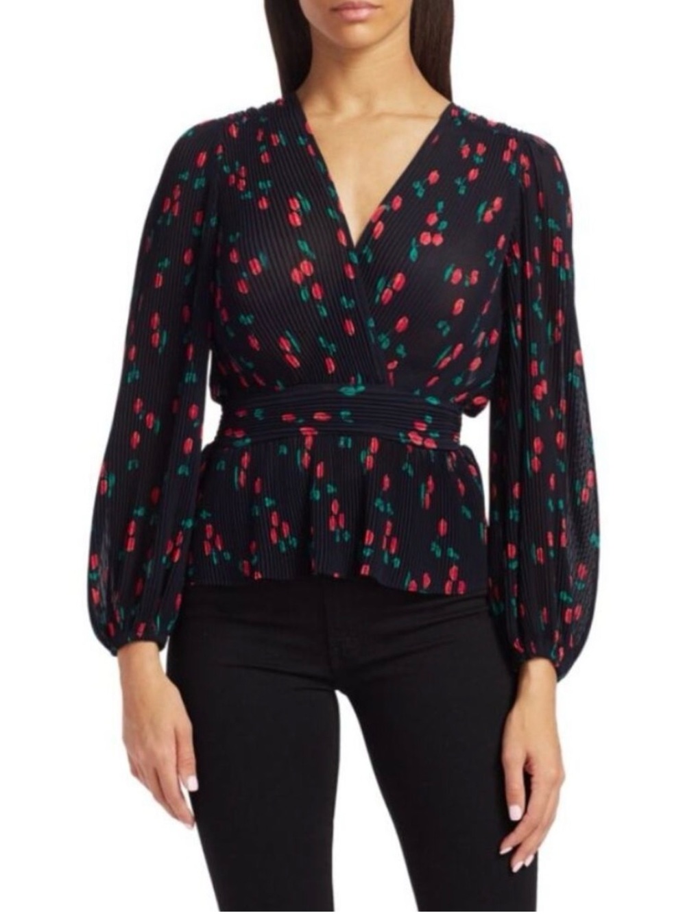 Navy Blue Cheery Wrap Peplum Blouse with Long Sleeves